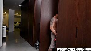 Anna Bella caught masturbating tight pussy in shower by stepbro leading to blowjob anal assfucking with monster cock