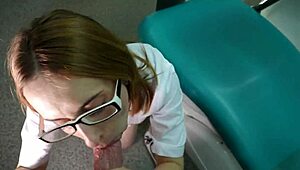 glasses doctor kneels sucking patient's cock for facial cumshot