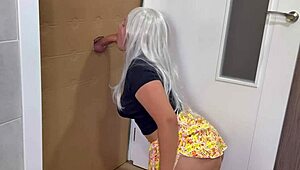 Milf Latina deepthroats massive cock through gloryhole in bunny cosplay