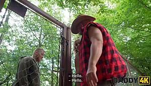 stepdaddy fucks shaved blonde son's girlfriend outdoors at ranch