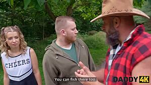 stepdaddy fucks shaved blonde son's girlfriend outdoors at ranch