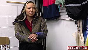 asia lee drops to knees after jacket slip for creamy asian kneeling finish