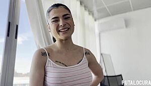Tattooed Nadja chats then gulps Torbe's load