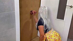 Milf Latina deepthroats massive cock through gloryhole in bunny cosplay
