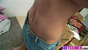 Brooksskye grinds pussy on jeans strips tits bare