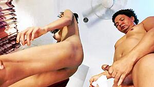 Skinny milf squirts wildly in ffm threesome deepthroat face fucking tight pussy!