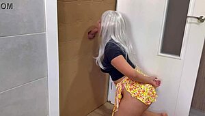 Milf Latina deepthroats massive cock through gloryhole in bunny cosplay