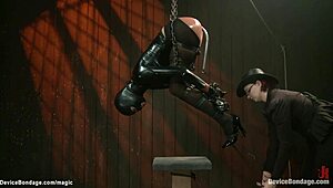 lesbian slave bound in leather ballet boots tormented with rough anal gagging choking
