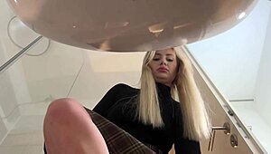 big tits big ass blonde babe strips out of pantyhose miniskirt heels in bathroom