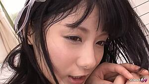 petite japanese teen tries first dildo anal sucking cock for cum 😍