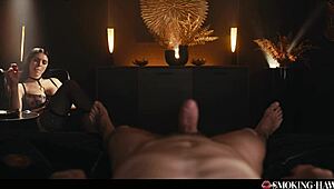 Hot Brunette Smokes Cigarette In Sexy Lingerie While Teasing Pussy And Red Lips