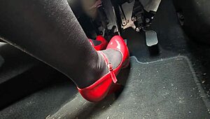 redhead pumps pedals in sexy office heels fetish