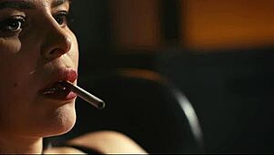 Hot Brunette Smokes Cigarette In Sexy Lingerie While Teasing Pussy And Red Lips