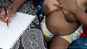 Desi bhabhi orgasms hard rubbing pussy and boobs while painting nude