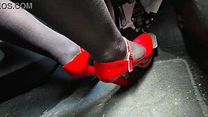 redhead pumps pedals in sexy office heels fetish