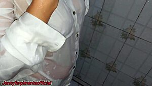 Married wife screams as cock pounds her wet t-shirt in shower