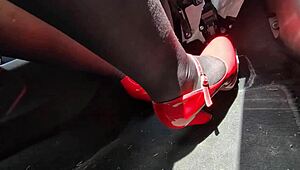 redhead pumps pedals in sexy office heels fetish