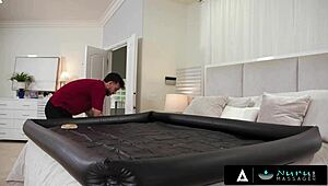 Naughty ebony Ameena Green oils up for nuru massage deepthroat cowgirl ride