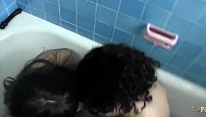 hey, these busty hairy brunettes crave pussy licking so they grab a dildo in the bathroom