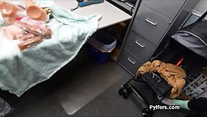Busty office hottie caught spying gets fucked with stolen dildos