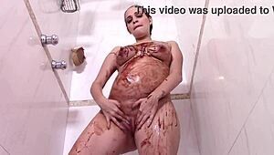Pregnant blonde milf wife squirms through multiple orgasms in chocolate massage closeup!