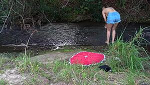 Stranger rips clothes at waterfall for public doggystyle pounding