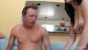 Skinny Tanned Teen and Saggy Tits Classmate FFM Debut