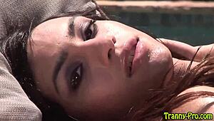 Drunk Tranny Hooker Gulps Spunk Poolside!