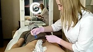 Beautiful Woman Trims Hairy Pubis and Anus on All Fours for Man's Big Cock