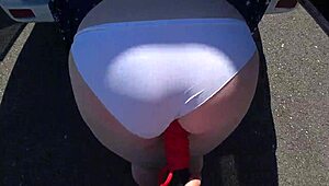 Girlfriend straps on and fucks fat booty milf outdoors by car!