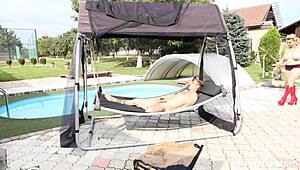 bbw fat chick sandwiched poolside bent over doggystyle by skinny ffm threesome