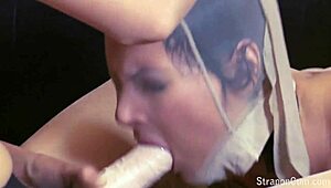 Pantyhose fuck doll endures rough strapon punishment in high definition