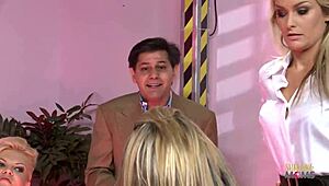 Dumb big boobed bimbos suck and fuck older man in group facial orgy