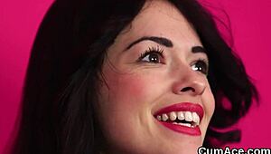 Feisty fuck doll swaps cum after extreme bukkake facial