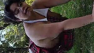 chubby exhibitionist flashes saggy tits big ass outdoors gaping pussy public masturbation
