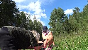 wanna see juicy booty lesbian in panties get doggystyle dildo fucked outdoors?