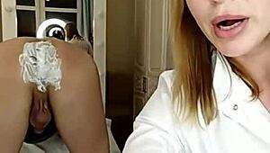 Beautiful Woman Trims Hairy Pubis and Anus on All Fours for Man's Big Cock