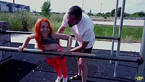 muscular safira falls in park then sucks bodybuilder's cum in dirty box closeup