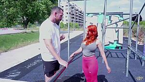 muscular safira falls in park then sucks bodybuilder's cum in dirty box closeup