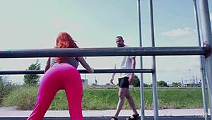 muscular safira falls in park then sucks bodybuilder's cum in dirty box closeup