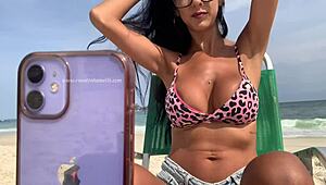 Renatinha Mello's beach chat flashes big ass, monster cock blowjob, public anal cumshot