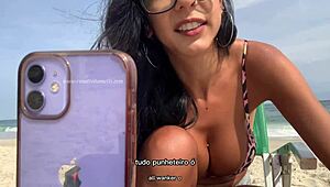 Renatinha Mello's beach chat flashes big ass, monster cock blowjob, public anal cumshot