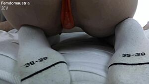 Sock handjob pumps cock dry smears semen teasingly