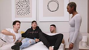 Zaawadi screams in wild humiliation as three guys dominate her ebony ass at rough party