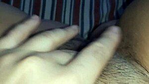 Innocent hairy pussy throbs with wet clit masturbation while parents work unaware