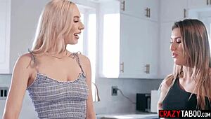 two sexy blonde babes strip at billiards then take turns on huge cock in wild threesome pounding