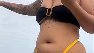 Tight Yellow Bikini Splits Swollen Pussy on Beach