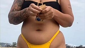 Tight Yellow Bikini Splits Swollen Pussy on Beach