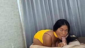thaiger beauty in yellow dress moans riding cock doggystyle with brown eyes