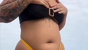 Tight Yellow Bikini Splits Swollen Pussy on Beach